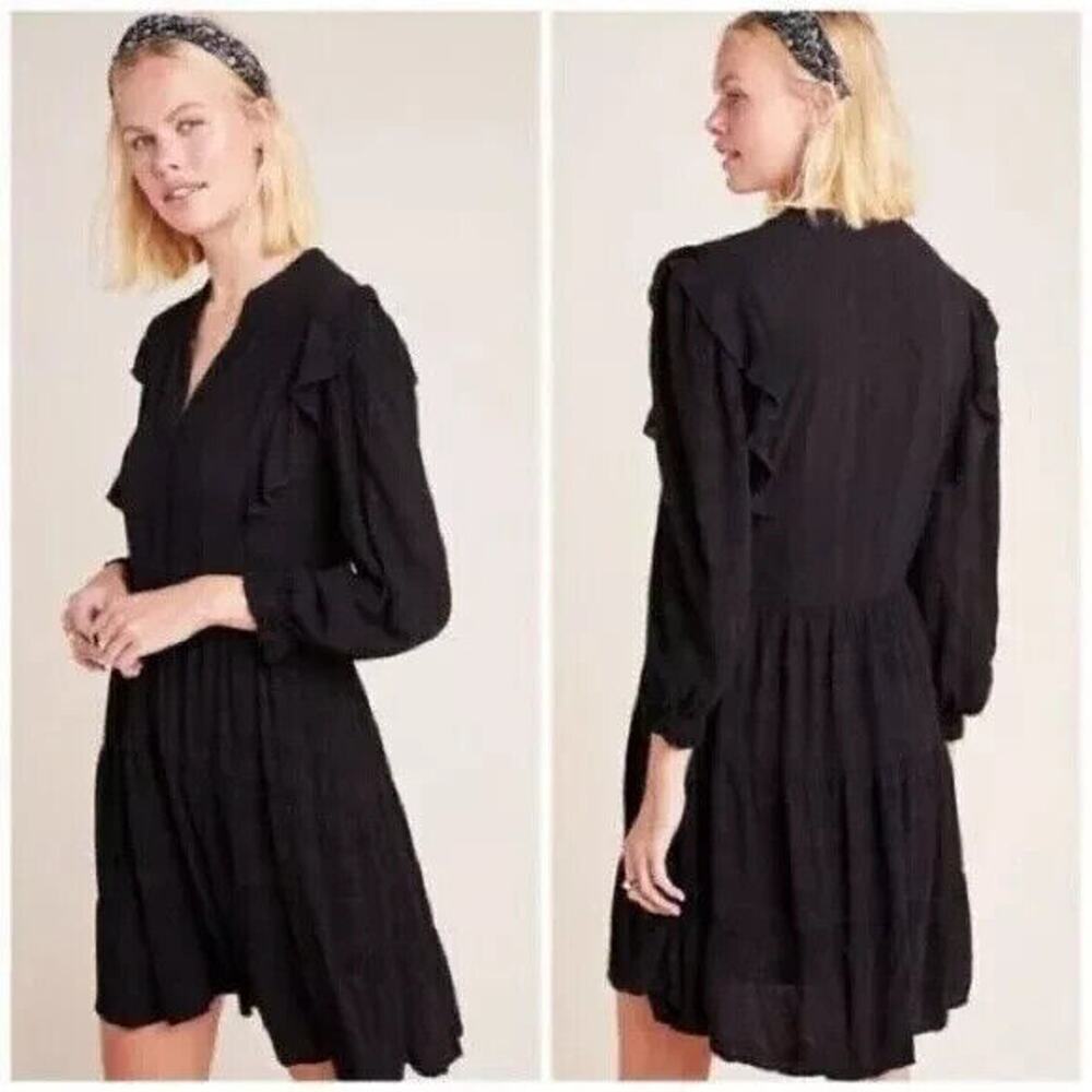 Anthropologie Amadi Dress Small Black Ruffled Minimalist Whimsigoth Boho